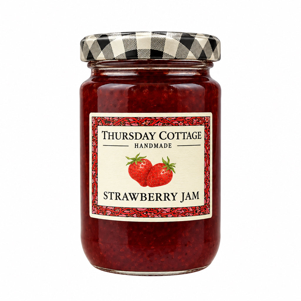 A glass jar of Thursday Cottage Handmade Strawberry Jam sits on a light-colored stone countertop with a rustic wooden cabinet in the background.