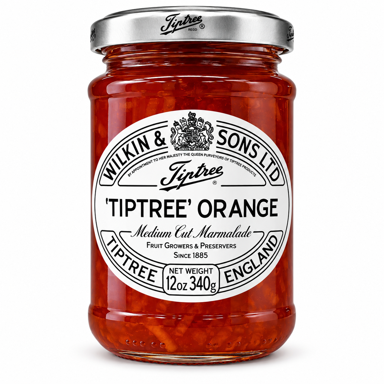 A glass jar of Wilkin & Sons 'Tiptree' Orange Medium Cut Marmalade with a silver metal lid and a white label, shown on a plain white background.