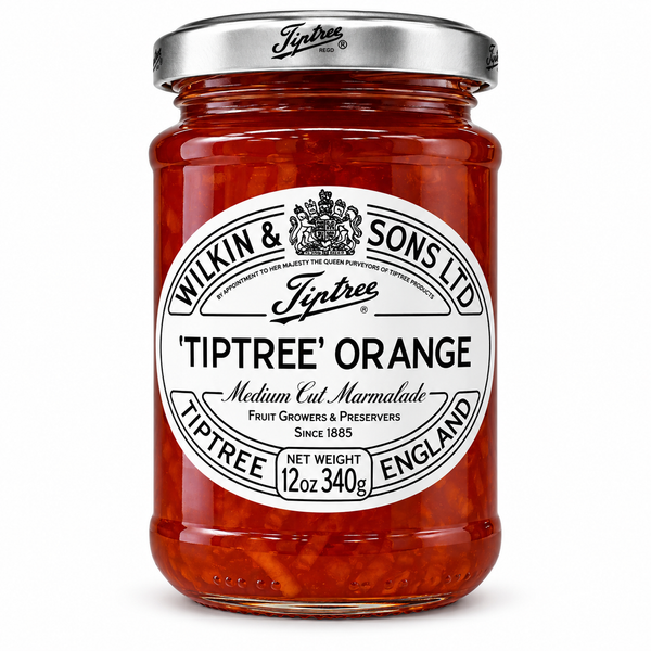 A glass jar of Wilkin & Sons 'Tiptree' Orange Medium Cut Marmalade with a silver metal lid and a white label, shown on a plain white background.