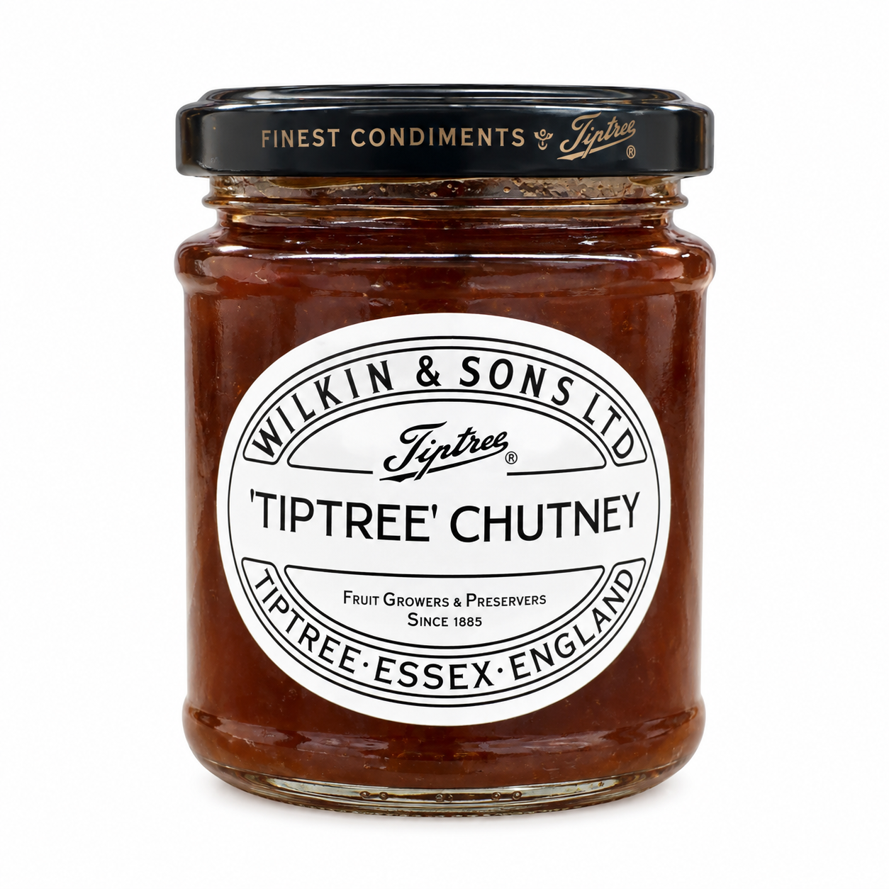 A glass jar of Wilkin & Sons Ltd Tiptree Chutney with a black lid and a white oval label, set against a plain white background.