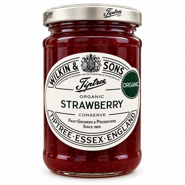 A glass jar of Wilkin & Sons Tiptree Organic Strawberry Conserve with a silver metal lid and a white label, set against a plain white background.