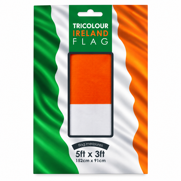 Packaged tricolor Ireland flag with green, white, and orange vertical stripes and a central clear window showing the folded flag inside.