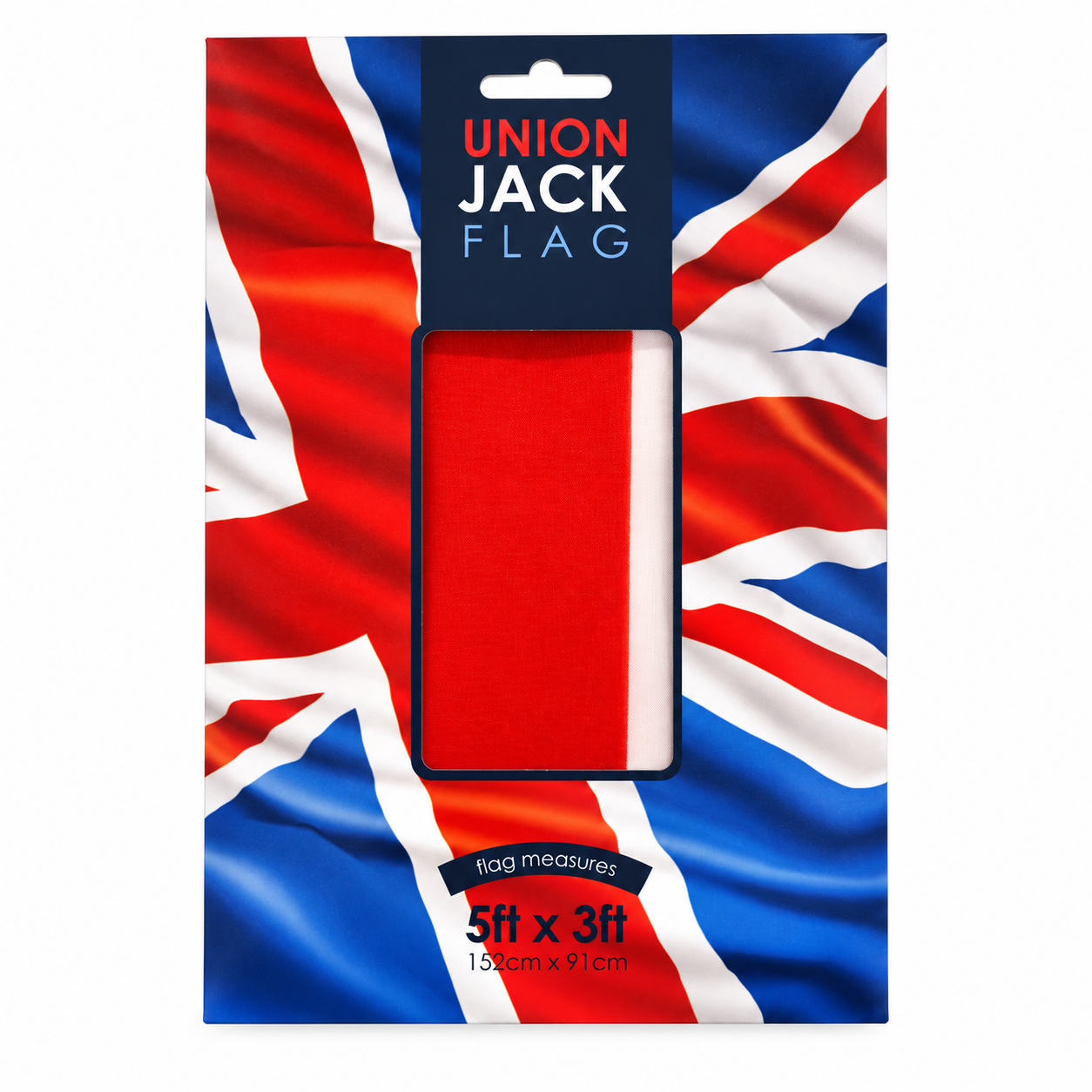 A Union Jack flag packaged in retail packaging, featuring a red, white, and blue Union Jack design with a central clear window showing the folded red flag inside. The packaging includes text reading 'UNION JACK FLAG' and 'flag measures 5ft x 3ft 15cm x 91cm'.