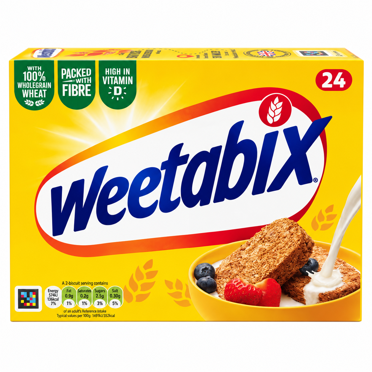 A box of Weetabix Cereal with fruit and milk, featuring a bright yellow background with the blue Weetabix logo, nutritional badges, and an illustration of a bowl of cereal with blueberries and a strawberry.