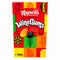 A box of Maynards Bassetts Wine Gums candy, featuring a colorful red, orange, and yellow checkered design with illustrations of wine-themed gummy candies, set on a light wooden surface.