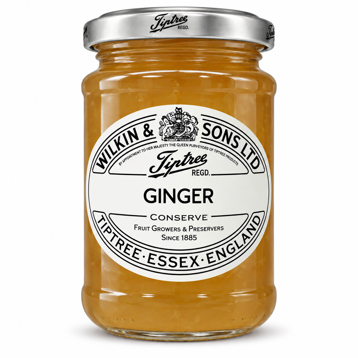 A jar of Wilkin & Sons Ltd Tiftree Ginger Conserve, showing the amber-colored ginger preserve through a clear glass jar with a white label and a silver metal lid.