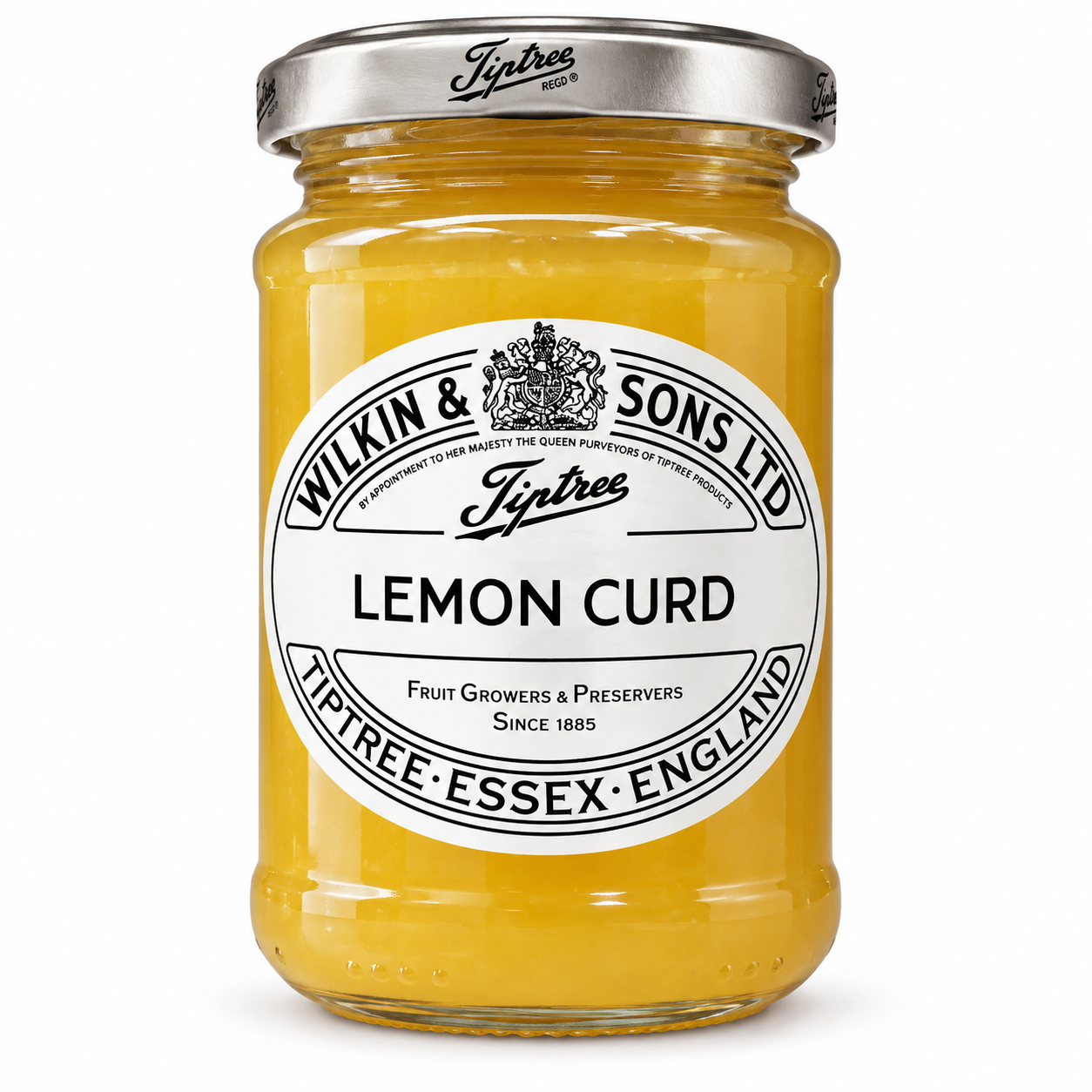 A glass jar of Wilkin & Sons Ltd. Fiptree Lemon Curd with a silver metal lid and a white label, set against a plain white background.