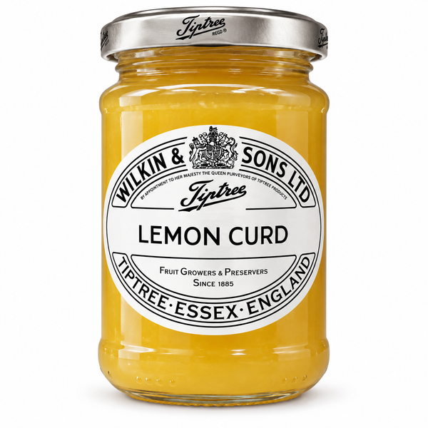 A glass jar of Wilkin & Sons Ltd. Fiptree Lemon Curd with a silver metal lid and a white label, set against a plain white background.