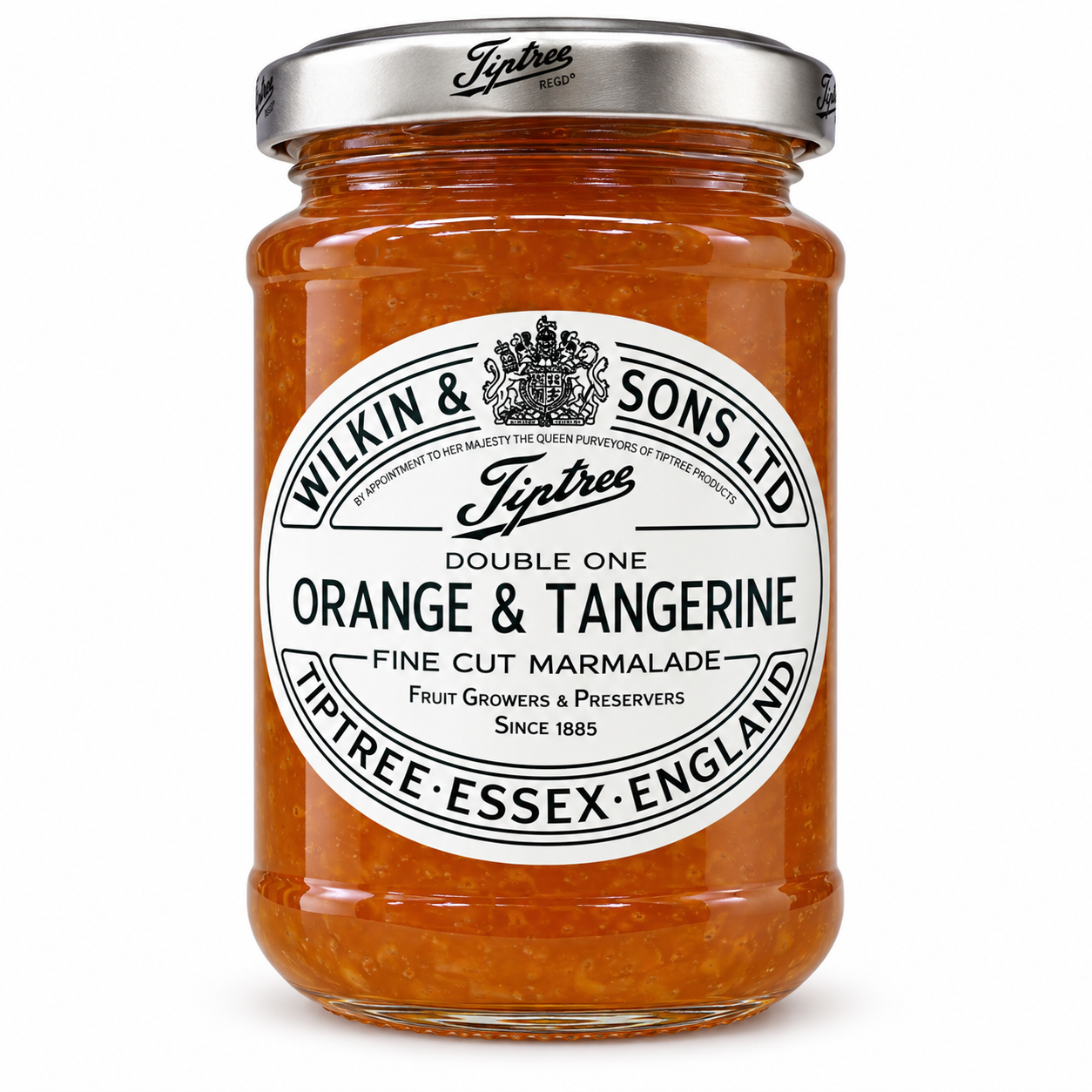 A glass jar of Wilkin & Sons Ltd Tiptree Double One Orange & Tangerine Fine Cut Marmalade, featuring a white oval label and a silver metal lid, set against a plain white background.