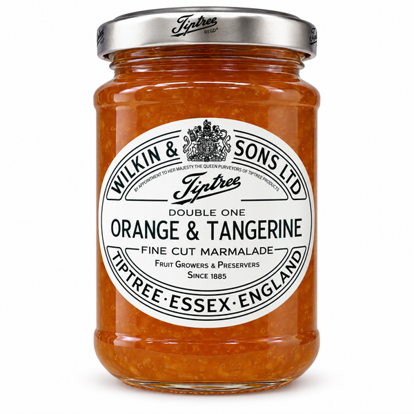 A glass jar of Wilkin & Sons Ltd Tiptree Double One Orange & Tangerine Fine Cut Marmalade, featuring a white oval label and a silver metal lid, set against a plain white background.