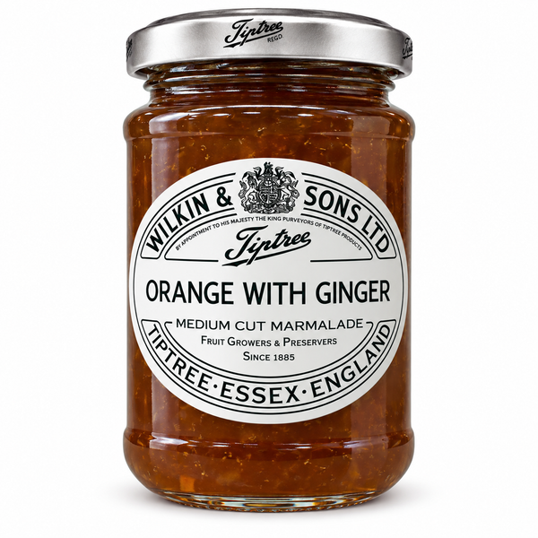 A jar of Wilkin & Sons Ltd Jiptree Orange with Ginger marmalade, featuring a white oval label and a silver metal lid, set against a plain white background.