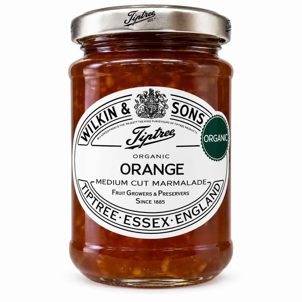 A glass jar of Wilkin & Sons Fytree Organic Orange Marmalade with a silver metal lid and a white label, set against a plain white background.