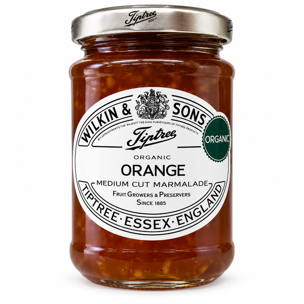 A glass jar of Wilkin & Sons Fytree Organic Orange Marmalade with a silver metal lid and a white label, set against a plain white background.