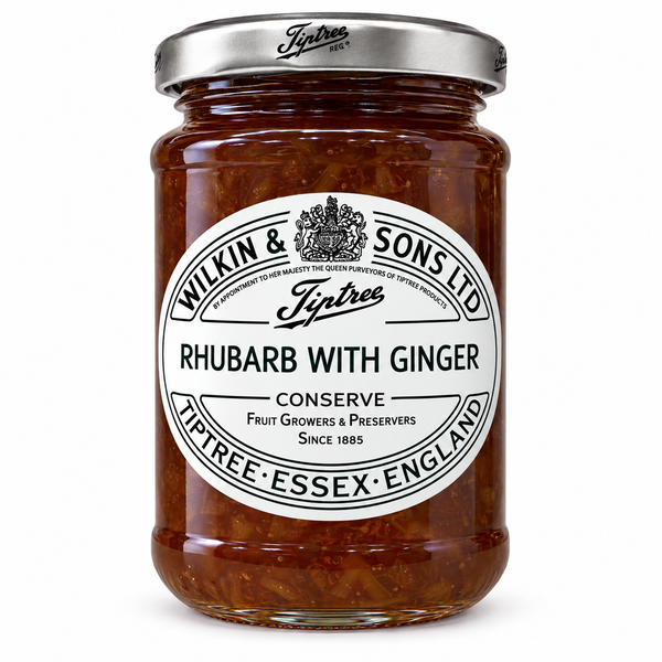 A glass jar of Wilkin & Sons Ltd. Rhubarb with Ginger conserve, featuring a white oval label and a silver metal lid, set against a plain white background.