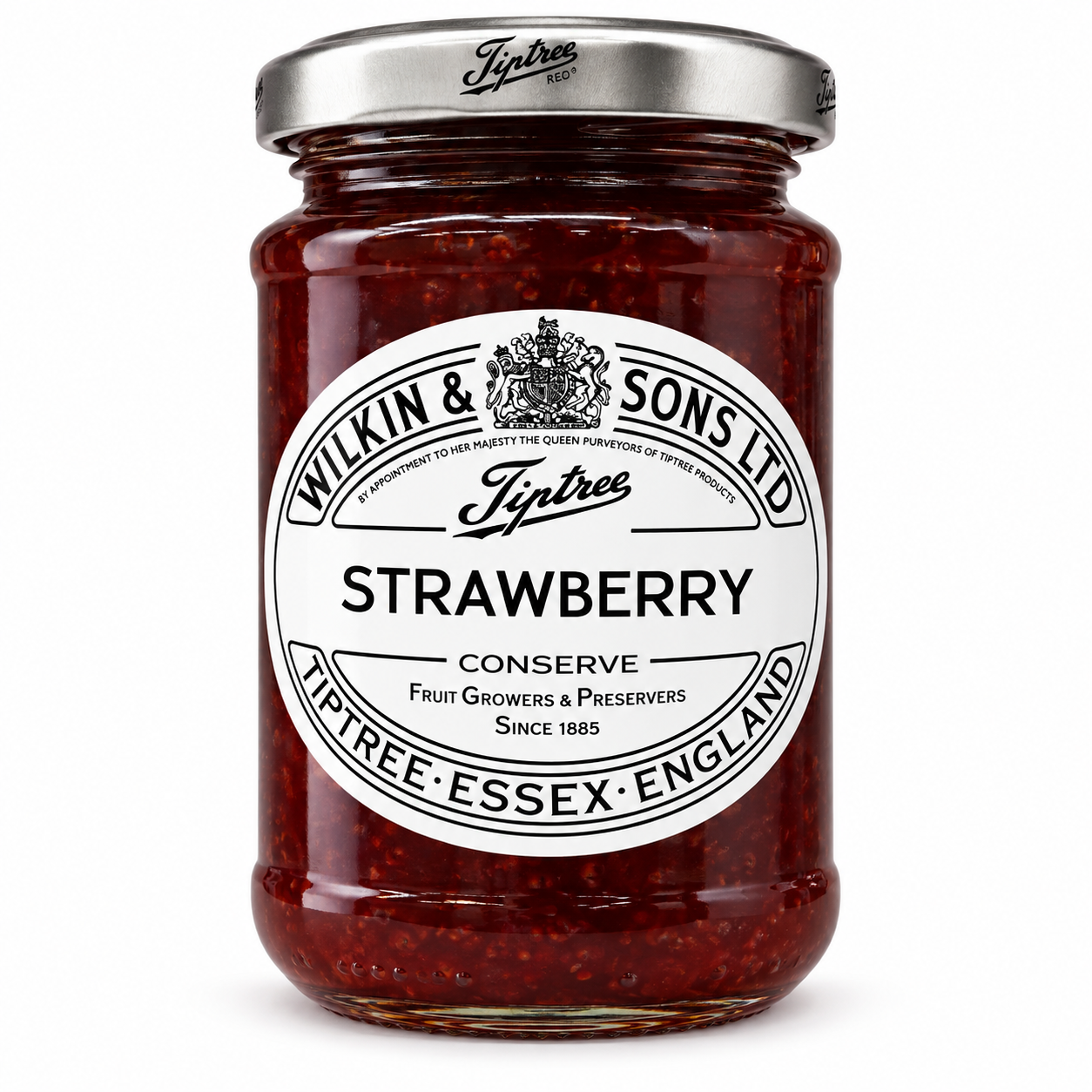 A glass jar of Wilkin & Sons Ltd. Fjtree Strawberry Conserve with a silver metal lid and a white circular label, shown on a clean white background.