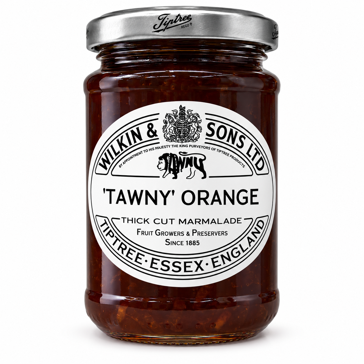 A glass jar of Wilkin & Sons 'Tawny' Orange marmalade with a white label and silver lid, set against a plain white background.