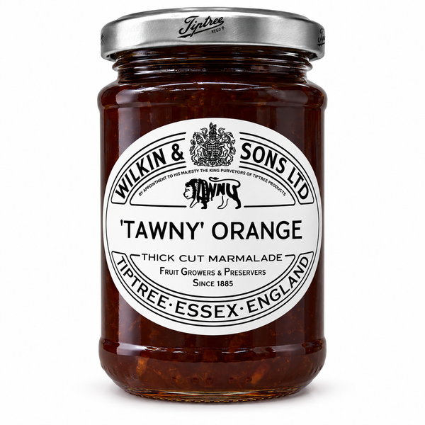 A glass jar of Wilkin & Sons 'Tawny' Orange marmalade with a white label and silver lid, set against a plain white background.