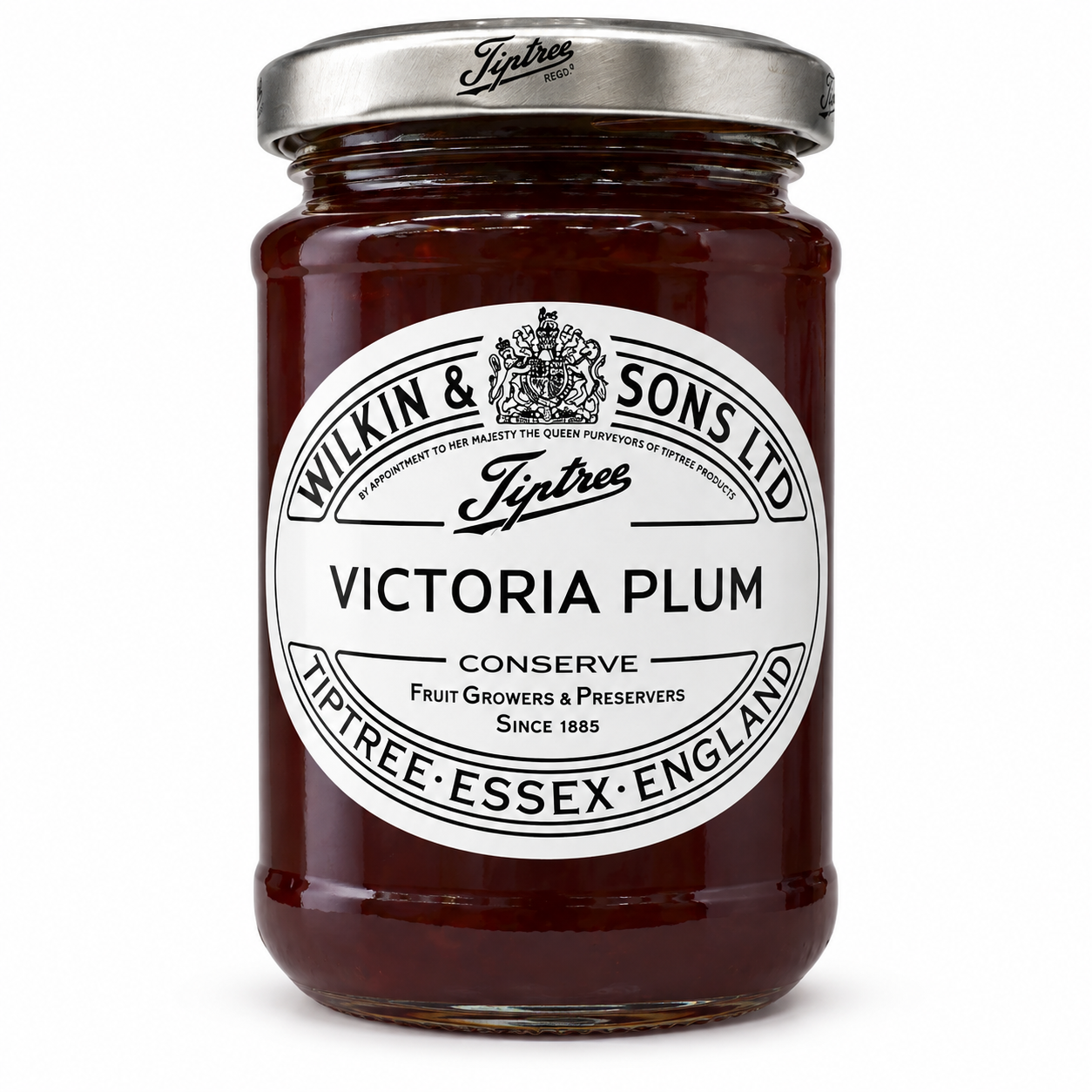 A glass jar of Wilkin & Sons Ltd Liptree Victoria Plum conserve with a silver metal lid and a large white oval label, shown on a clean white background.