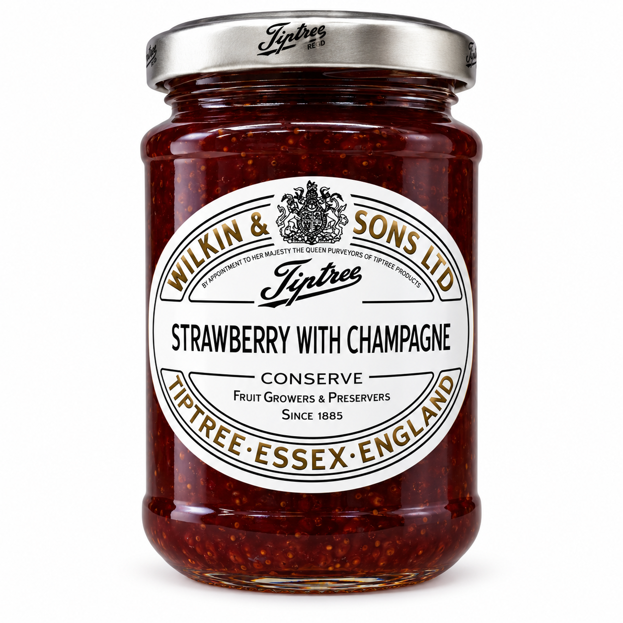 A glass jar of Wilkin & Sons Ltd Typtree Strawberry with Champagne conserve, filled with dark red jam and topped with a silver metal lid, set against a plain white background.