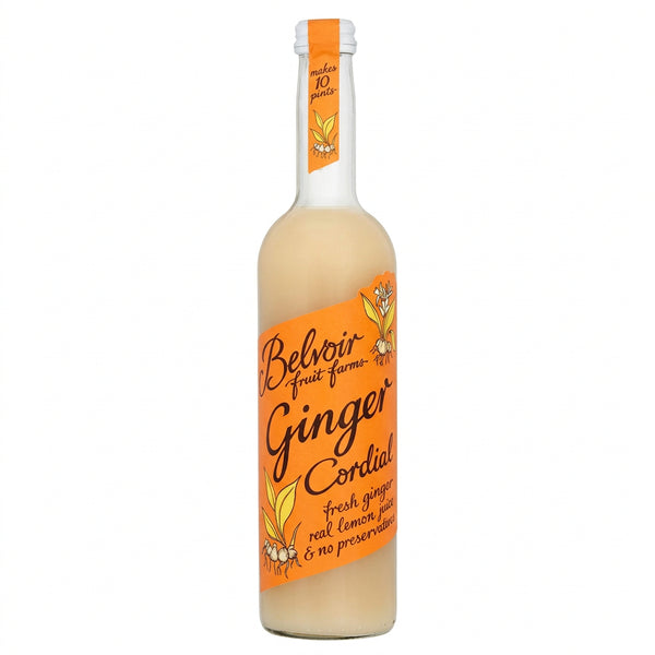 A bottle of Belvoir Ginger Cordial, 500ml, with an orange label featuring images of ginger root and leaves.