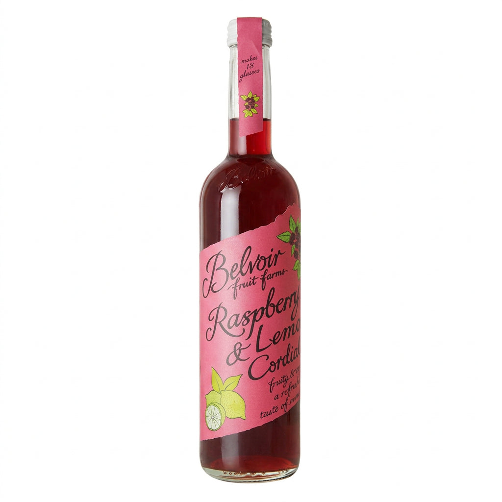 A bottle of Belvoir Raspberry & Lemon Cordial, with a pink label and images of both raspberries and lemons.