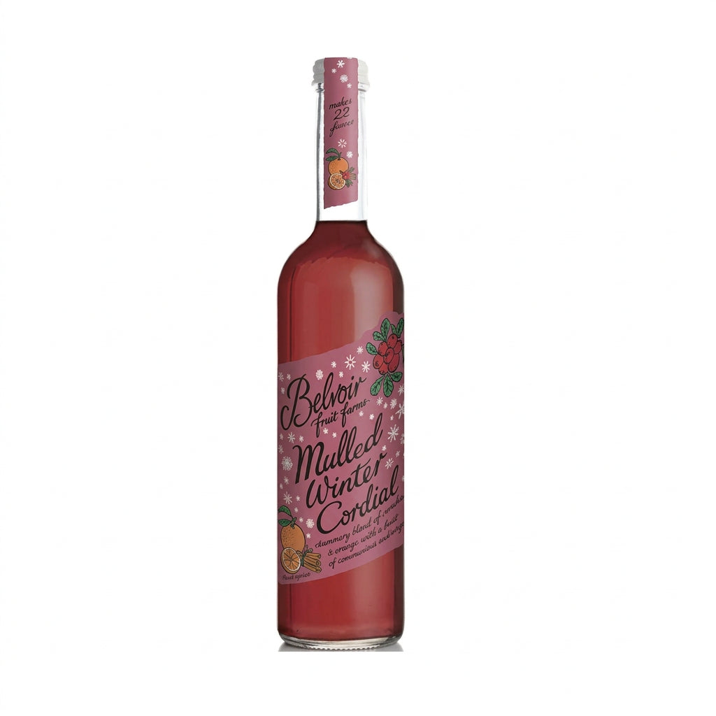 A bottle of Belvoir Mulled Winter Cordial with a pink label, showcasing the product name and decorative illustrations.