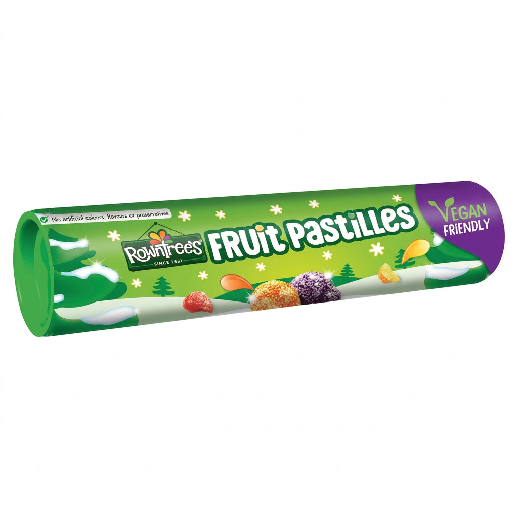 A tube of Rowntree's Fruit Pastilles with a green and purple label, showcasing various fruit illustrations and the 'Vegan' label.